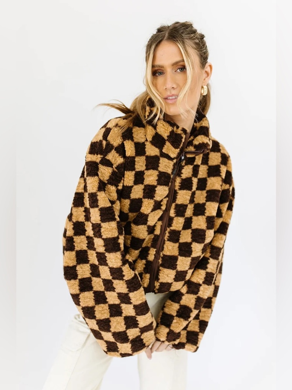 Sofie the Label L Checkerboard Teddy Sherpa Jacket Brown Tan Oversized Moto Y2K